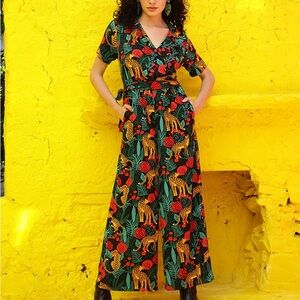Wide leg floral and cheetah jumpsuit